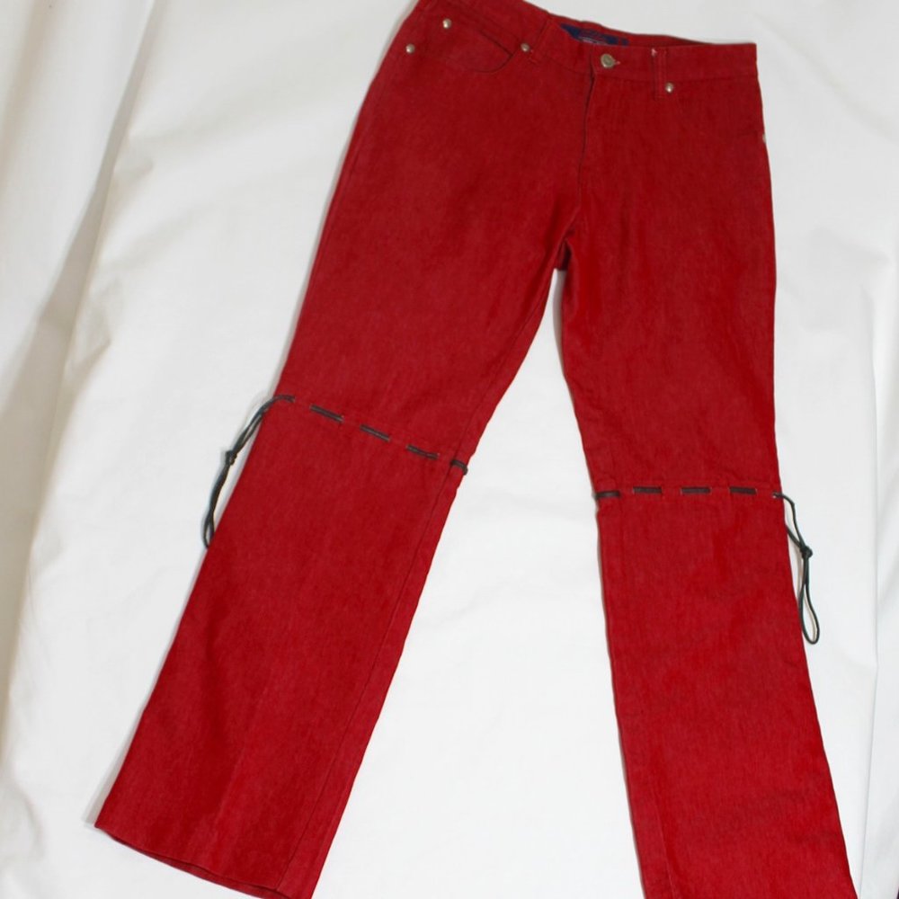 ELLA WILLIE CO. Red Denim Jeans Size 9 Straight Leg 5 Pocket Black Leather Strap